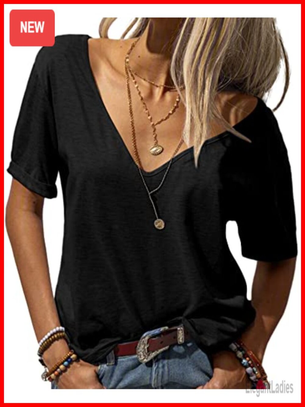 Women's Deep V-Neck Short Sleeve Loose Casual T-Shirt